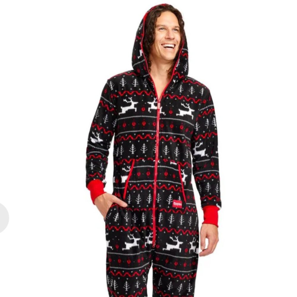 TipsyElves Men's Black and Red Fair Isle Jumpsuit - Small